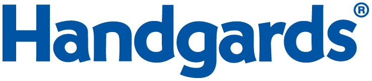 Handguards logo in blue on black.